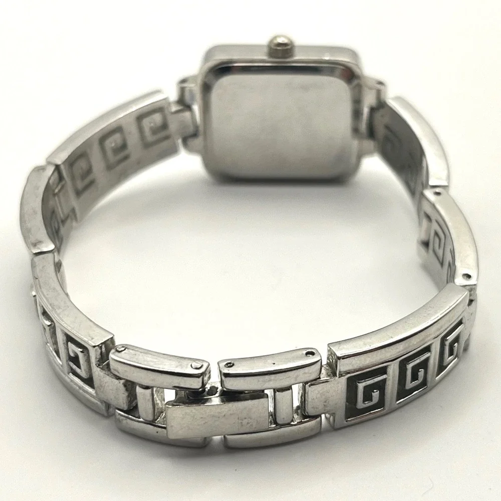 Persona Silver Tone Greek Key Link Bracelet Watch Rectangular Crystal Dial 6in